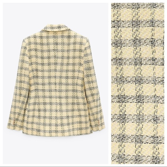 NWT. Zara Yellow/Black Textured Plaid Double Breasted Blazer. Size S. - Picture 7 of 11